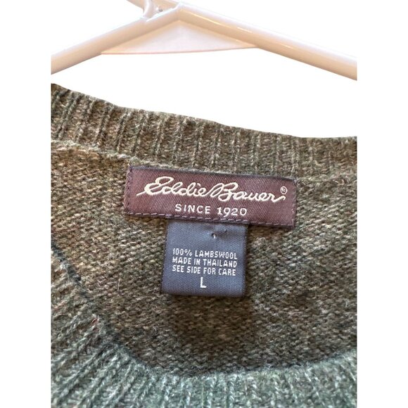 Eddie Bauer Mens Green Sweater L Crewneck Lambswool Pullover Warm Soft FLAW - Picture 3 of 8